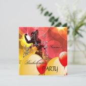 Invitation Bachelorette Party Rouge Jaune Fille Ballons (Debout devant)