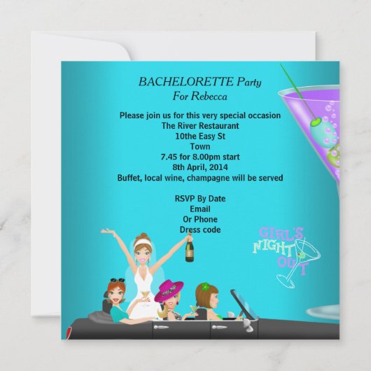 Invitation Bachelorette Party Turquoise Amusement Limo Car Co (Dos)