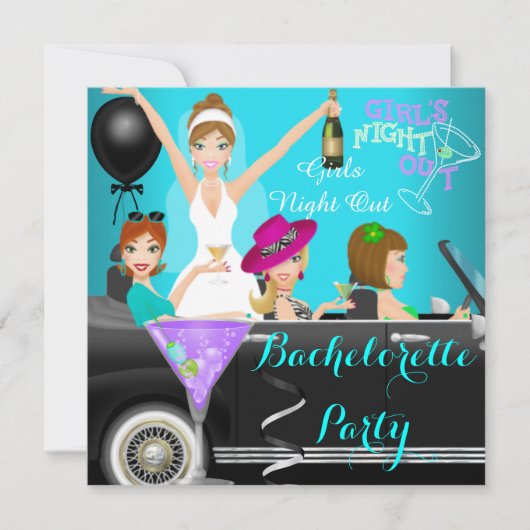 Invitation Bachelorette Party Turquoise Amusement Limo Car Co (Devant)
