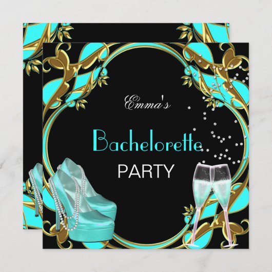 Invitation Bachelorette Party Turquoise Bleu Noir Or (Devant / Derrière)
