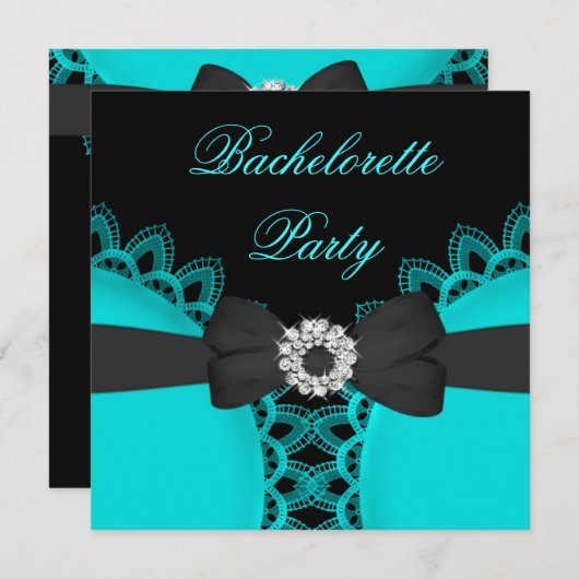 Invitation Bachelorette Party Turquoise Blue Black Lace (Devant / Derrière)