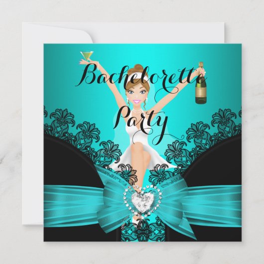 Invitation Bachelorette Party Turquoise Blue Black Lace fun (Devant)