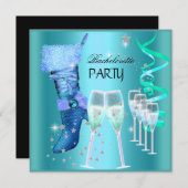 Invitation Bachelorette Party Turquoise Blue Boot Champagne (Devant / Derrière)