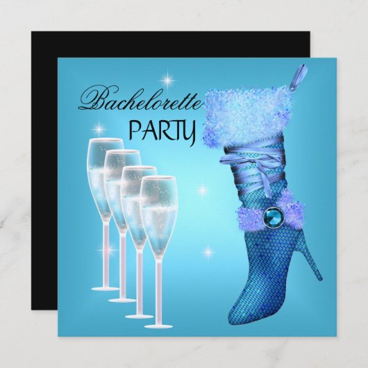 Invitation Bachelorette Party Turquoise Blue Boot Champagne (Devant / Derrière)