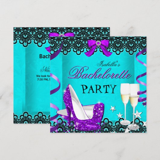 Invitation Bachelorette Party Turquoise violet haute hauteur  (Devant / Derrière)