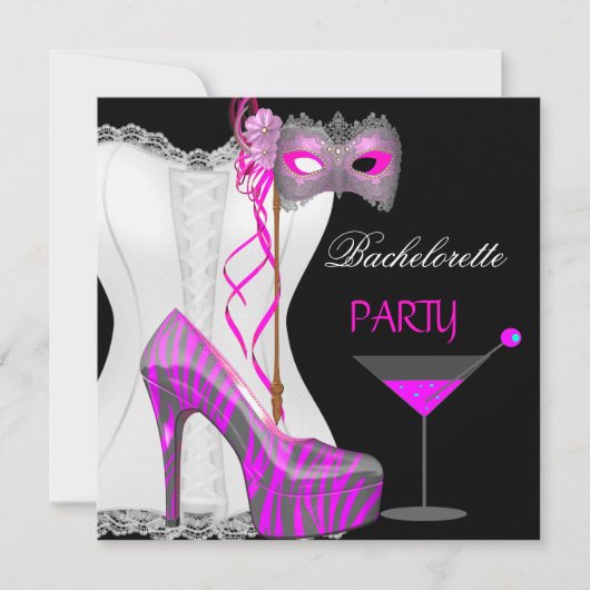 Invitation Bachelorette Party White Corset rose Zebra Chaussu (Devant)