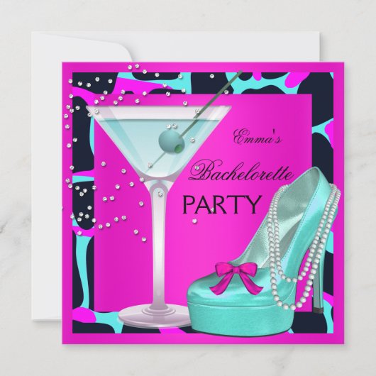 Invitation Bachelorette Party Wild Hot rose Turquoise Aqua (Devant)
