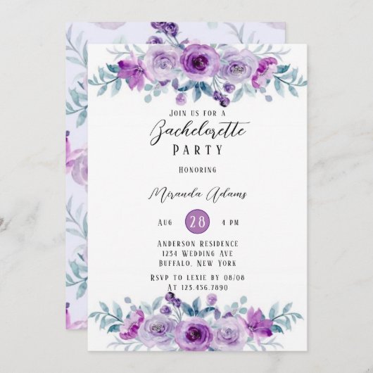 Invitation Bachelorette Peony Peony Violet Eucalyptus (Devant / Derrière)