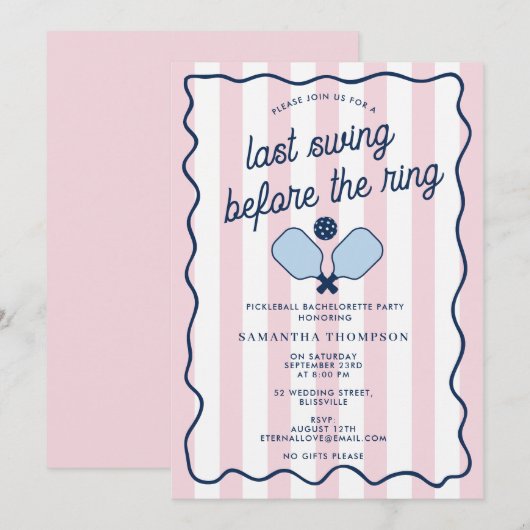 Invitation Bachelorette Pickleball Bach Pink Retro Stripes (Devant / Derrière)