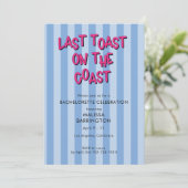 Invitation Bachelorette rayée bleu dernier toast avec code QR (Debout devant)
