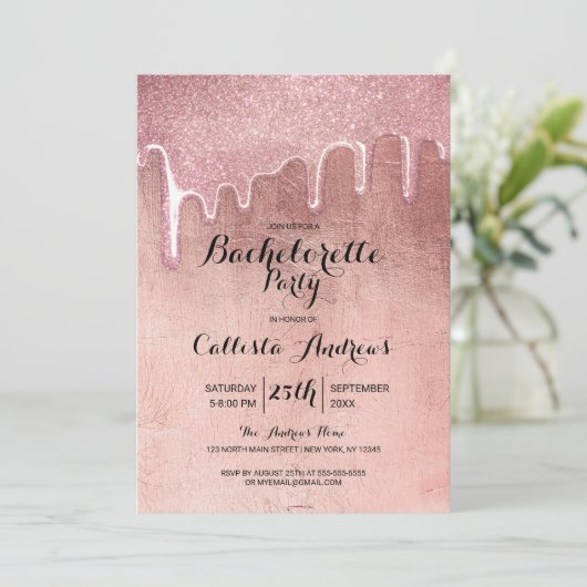 Invitation Bachelorette Rose de Glam Gold épais Parties scint (Debout devant)
