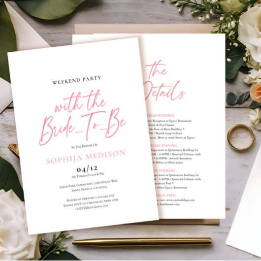 Invitation Bachelorette rose et blanc Week-end