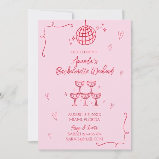 Invitation Bachelorette rose et rouge illustrée à la main (Devant)
