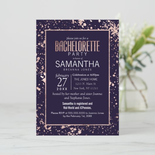 Invitation Bachelorette Rose Gold Navy (Debout devant)