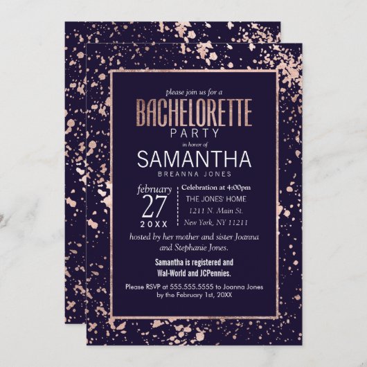 Invitation Bachelorette Rose Gold Navy (Devant / Derrière)