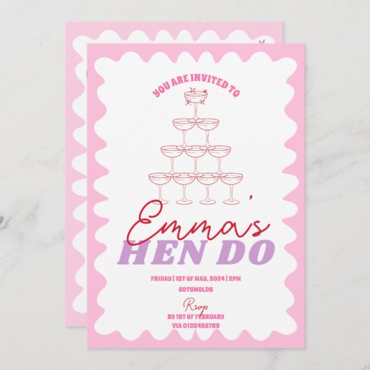 Invitation Bachelorette rose rouge ondulé (Devant / Derrière)