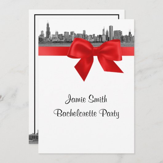 Invitation Bachelorette rouge de Chicago Skyline Etched (Devant / Derrière)