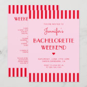 Invitation Bachelorette Rouge & Rose Stripes Heekend Itinérai (Devant / Derrière)
