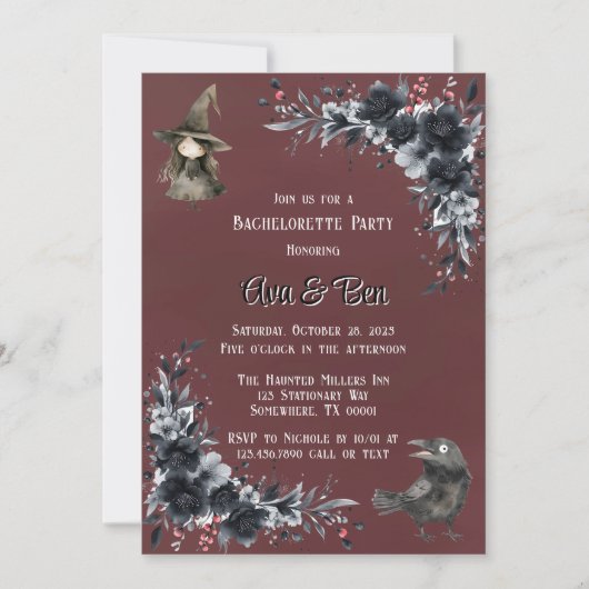 Invitation Bachelorette rouge sang gothique noir floral (Devant)