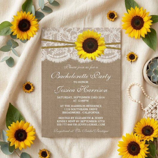 Invitation Bachelorette Rustique Tournesol, Dentelle & Twine
