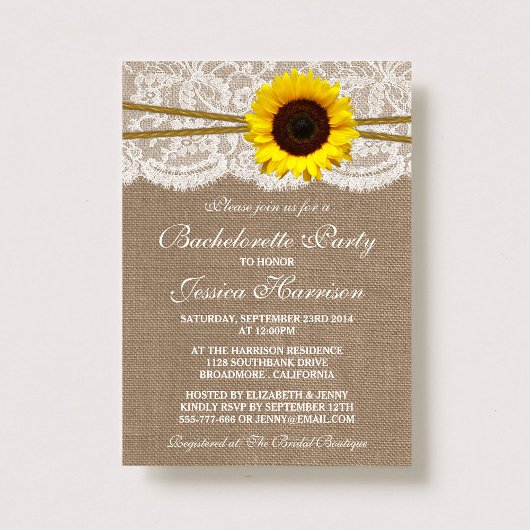 Invitation Bachelorette Rustique Tournesol, Dentelle & Twine