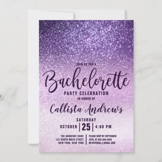 Invitation Bachelorette triple Parties scintillant violet fil (Devant)
