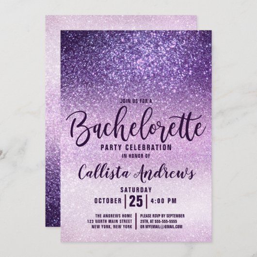 Invitation Bachelorette triple Parties scintillant violet fil (Devant / Derrière)