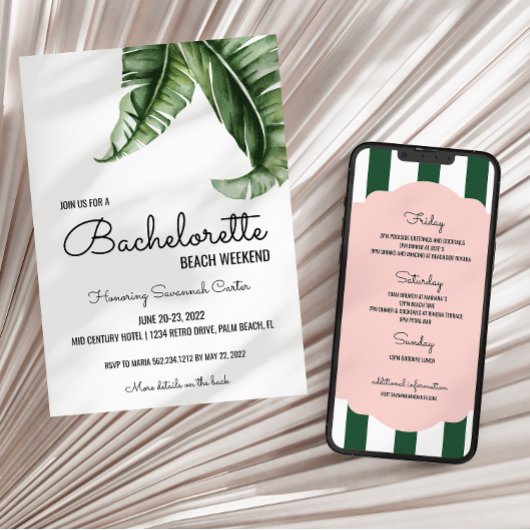 Invitation Bachelorette Tropical Banana Leaf/Stripes
