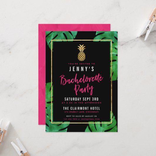 Invitation Bachelorette Tropicale / Ananas Or (Devant/Arrière en situation)