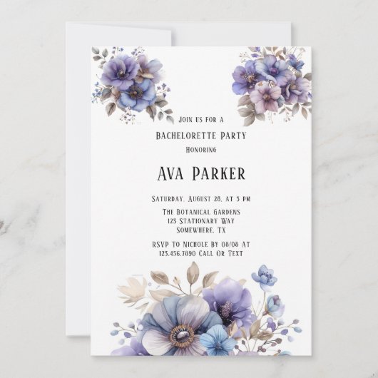 Invitation Bachelorette violette bleu peint Floral (Devant)