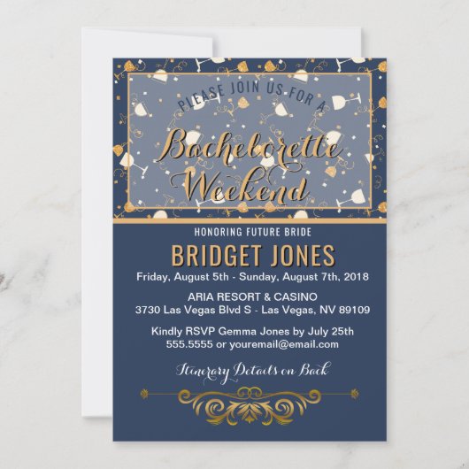 Invitation Bachelorette Week-end Itinéraire Blue Gold (Devant)