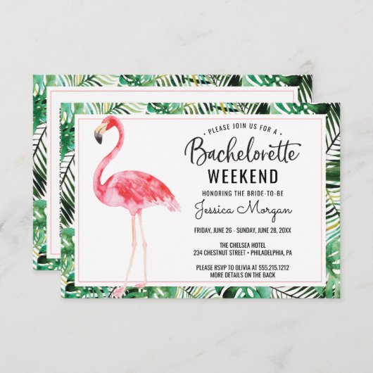 Invitation Bachelorette Week-end Itinéraire Flamant rose Trop (Devant / Derrière)
