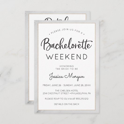 Invitation Bachelorette Week-end Itinéraire Marbre Or Frame (Devant / Derrière)