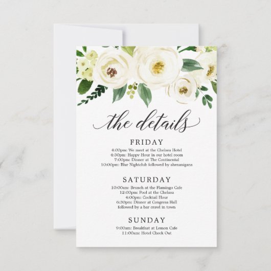 Invitation Bachelorette Week-end Itinéraire Roses blanches (Dos)