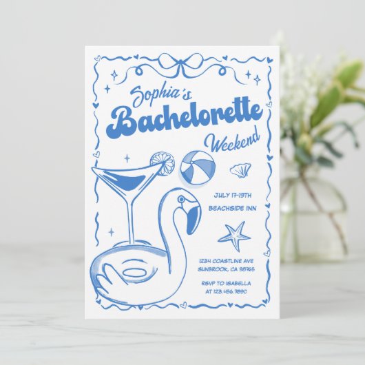 Invitation Bachelorette Week-end Pool Party Blue (Debout devant)