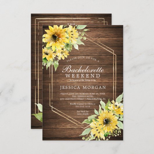 Invitation Bachelorette Week-end Rustique Tournesol Vert (Devant / Derrière)