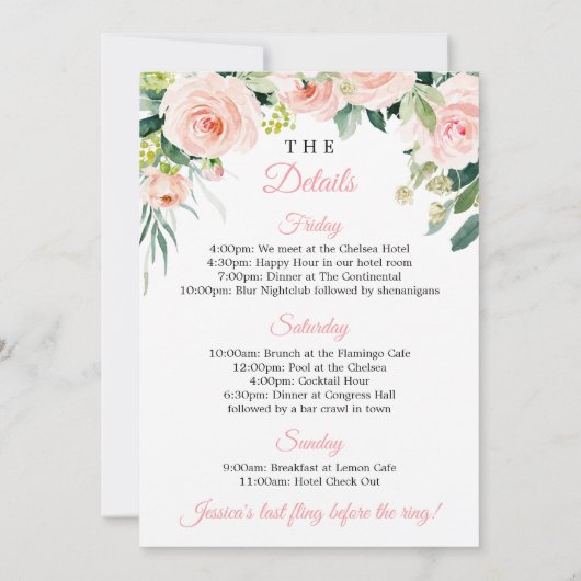 Invitation Bachelorette Weekend Itinéraire Airy Blush Invitat (Dos)