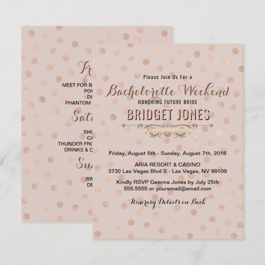 Invitation Bachelorette Weekend Itinéraire Rose Gold Confetti (Devant / Derrière)