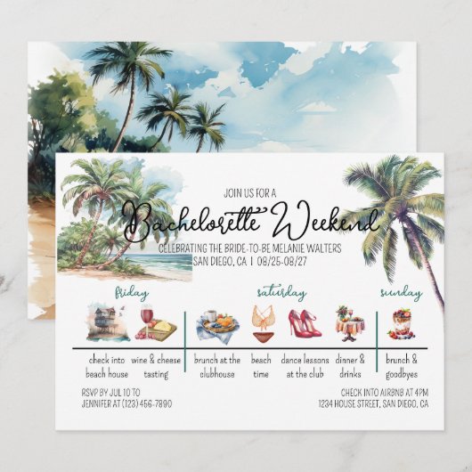 Invitation Bachelorette Weekend Itinerary I Tropical (Devant / Derrière)