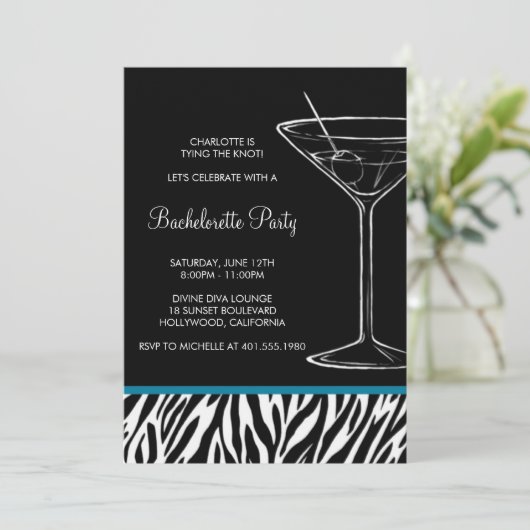 Invitation bachelorette zebra print martini (Debout devant)
