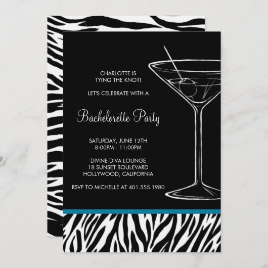 Invitation bachelorette zebra print martini (Devant / Derrière)