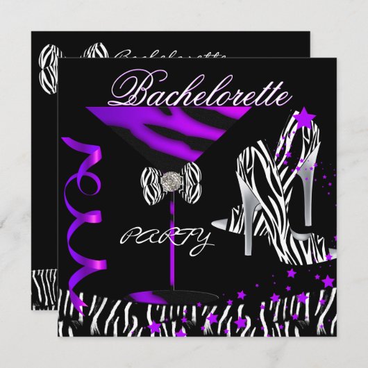 Invitation Bachelorette Zebra Purple Cocktail (Devant / Derrière)