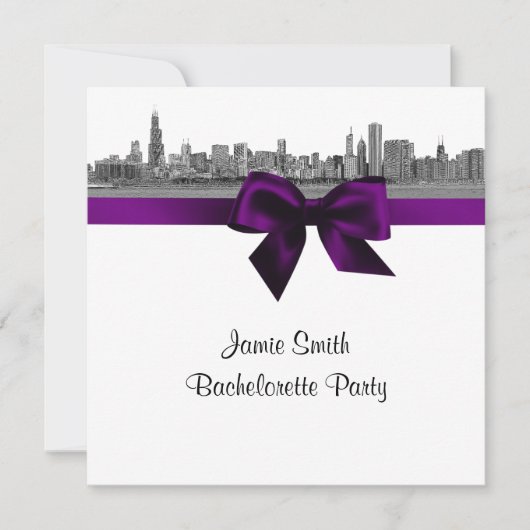Invitation Bachelorte SQ violette de Chicago Skyline Etch BW (Devant)