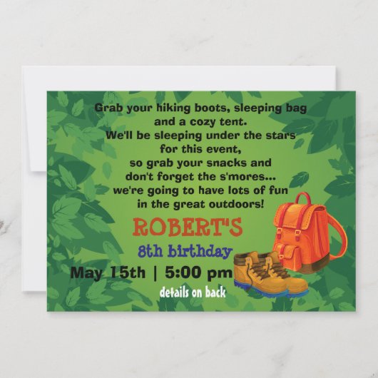 Invitation BackPack & Boots Camping Party Anniversaire Invita (Devant)