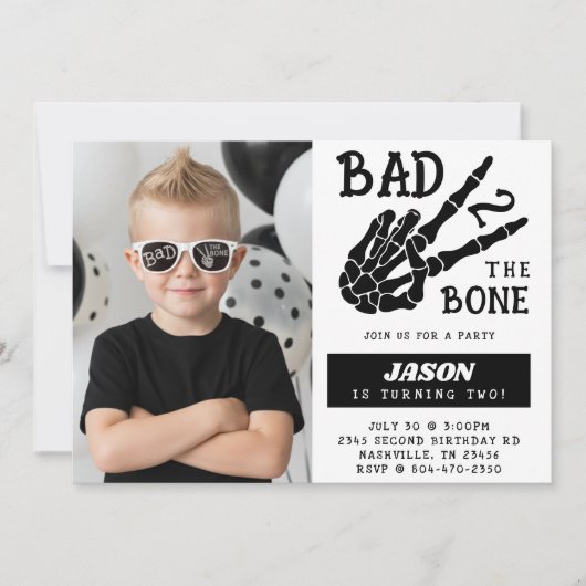 Invitation Bad 2 the Bone Skeleton Photo 2nd Birthday Party (Devant)