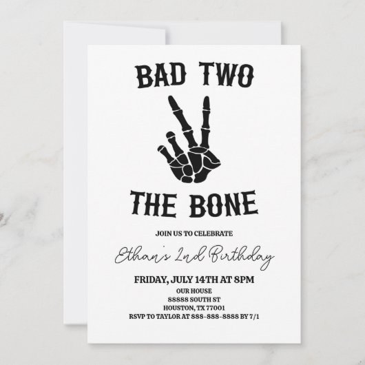Invitation Bad Two The Bone Skeleton 2e fête d'anniversaire (Devant)