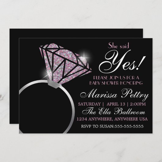 Invitation Bague à diamant, baby shower, elle a dit oui le (Devant / Derrière)
