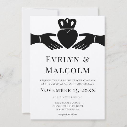 Invitation Bague de Claddagh irlandais Simple Mariage noir et (Devant)