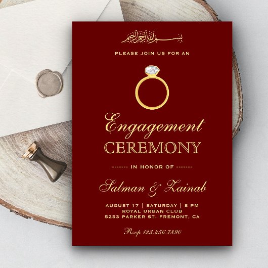 Invitation Bague de diamant d'or Maroon Fiançailles musulman 