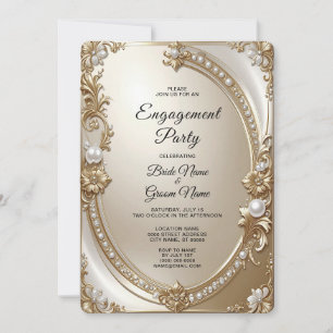 Invitation Bague de fiançailles avec cadre orné doré et perle
